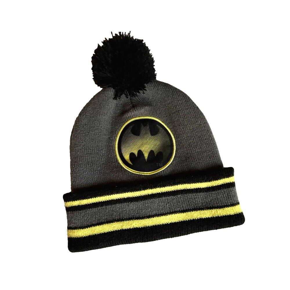 Marvel Batman Boy's Winter Hat Beanie Knit Gray Black Yellow Child DC COMICS